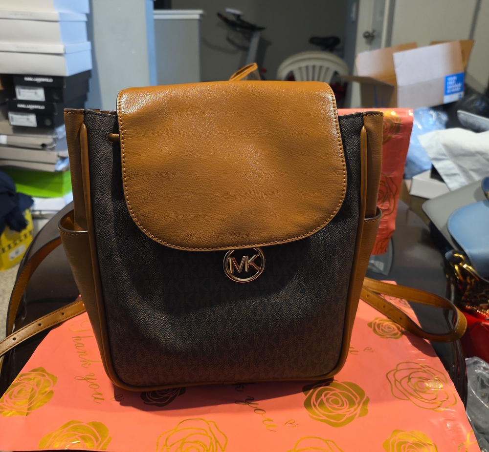Michael Kors Brown and Tan Logo-Print Backpack